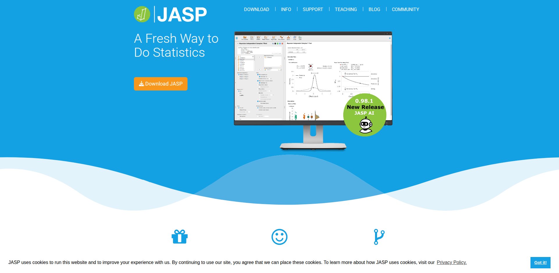 Página inicial do JASP, jasp-stats.org, com o slogan A Fresh Way to Do Statistics