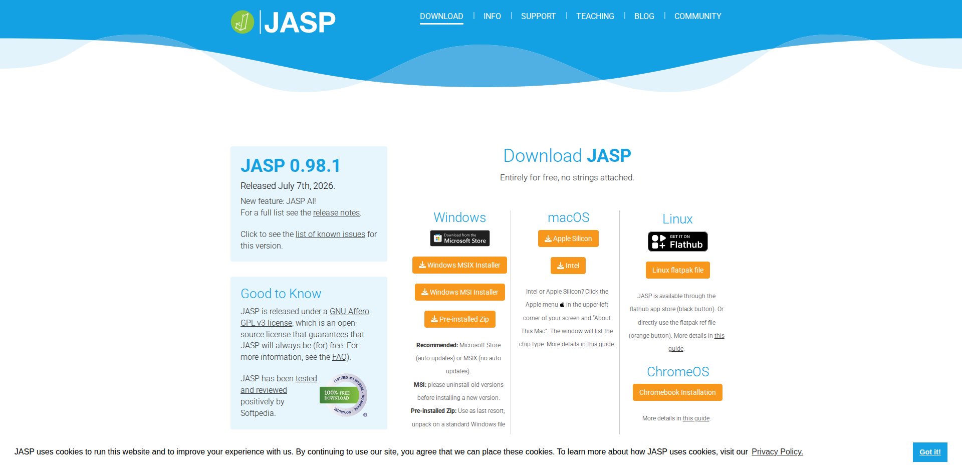Página de download do JASP com a versão 0.98.1 e as opções para Windows, macOS, Linux e ChromeOS