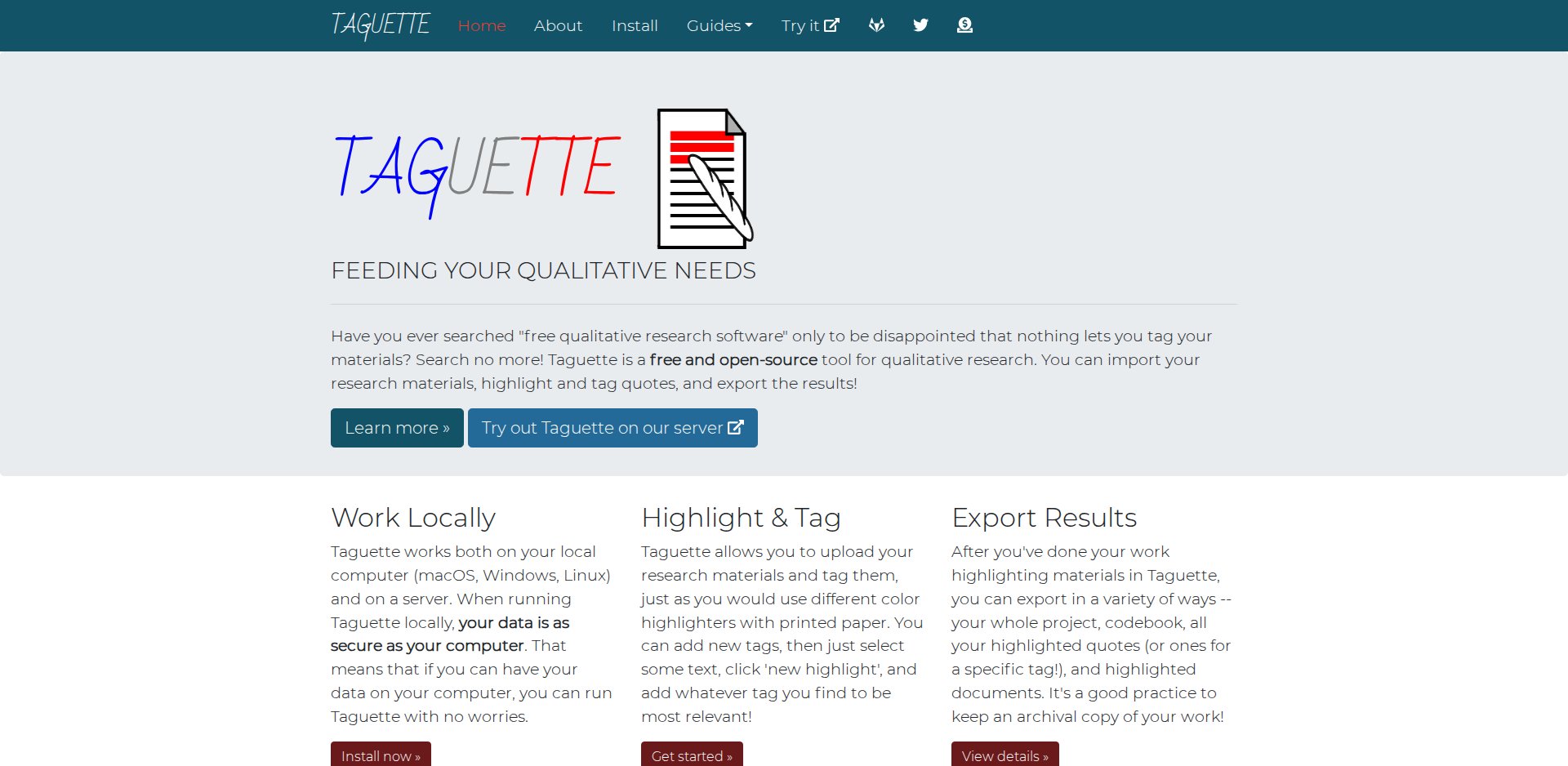 Página inicial do Taguette, ferramenta gratuita e de código aberto para análise qualitativa de dados