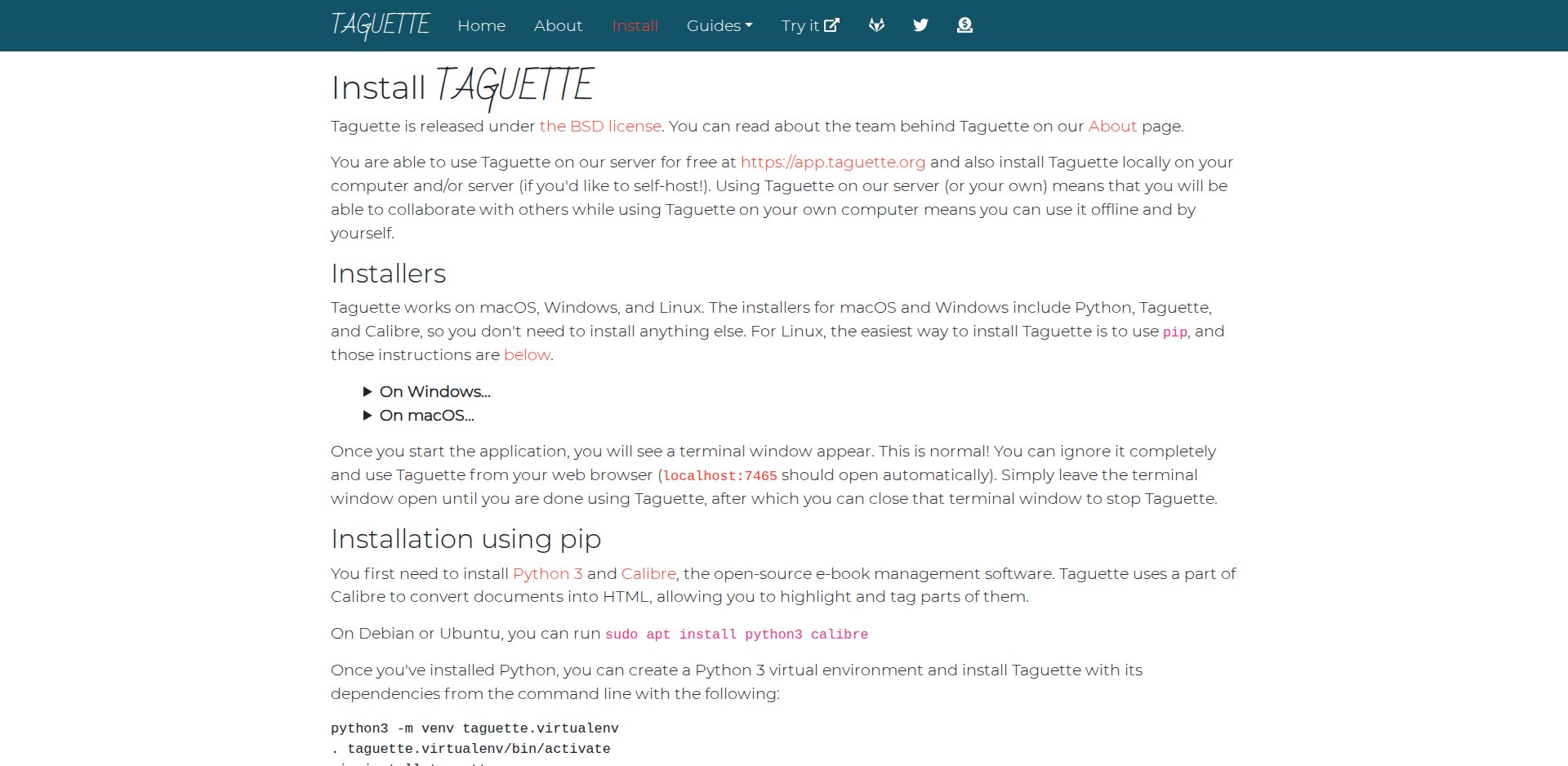 Página de instalação do Taguette com as opções para macOS, Windows e Linux