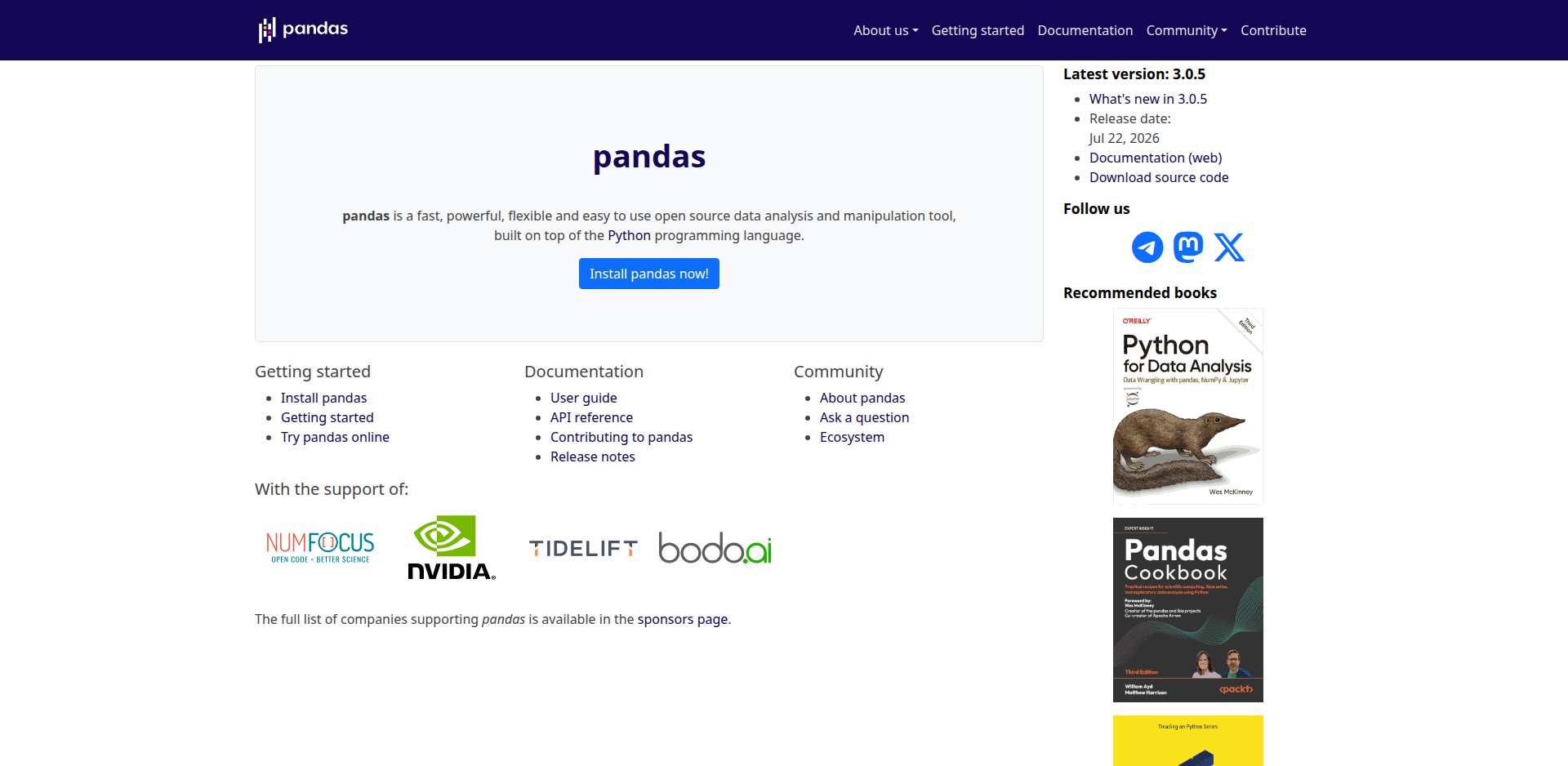 Página inicial do pandas, pandas.pydata.org, com a versão 3.0.5 e a descrição da biblioteca