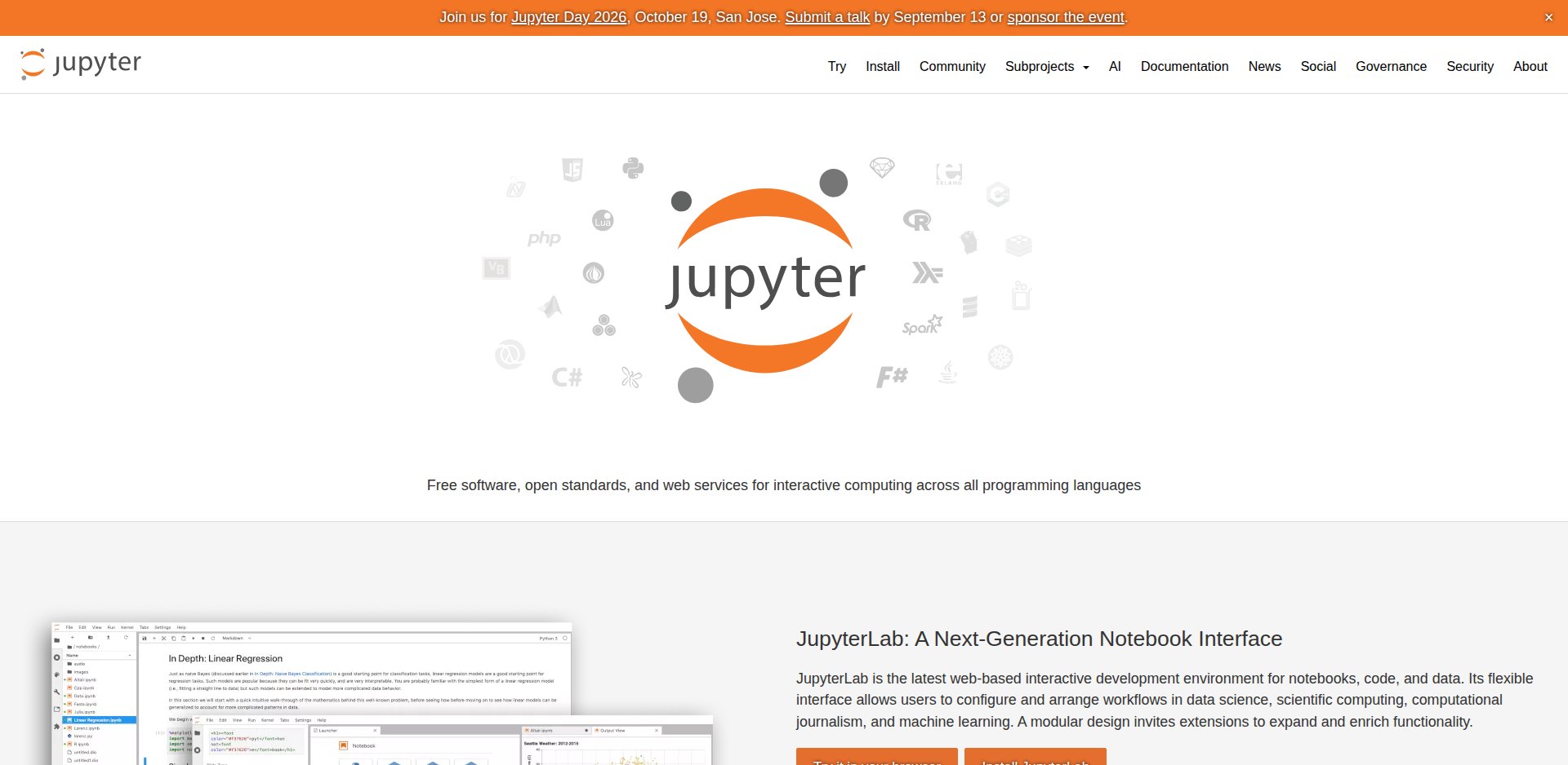 Página inicial do Projeto Jupyter, jupyter.org, com JupyterLab e Jupyter Notebook