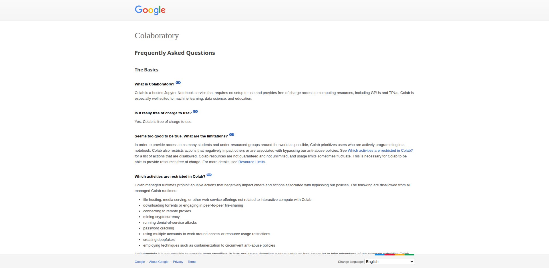 Perguntas frequentes do Google Colab, com a descrição do serviço e a resposta sobre gratuidade