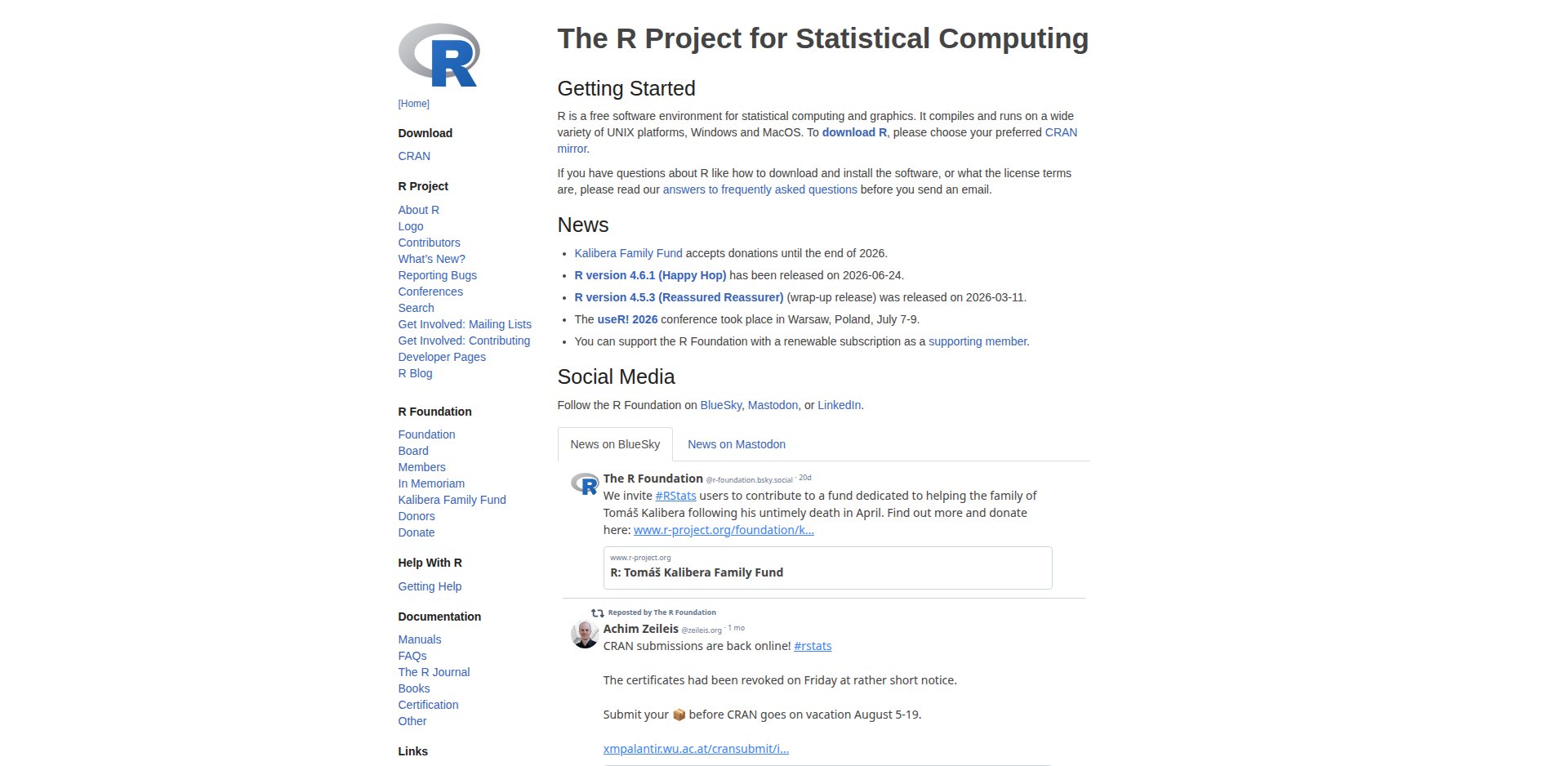 Página inicial do R Project, r-project.org, com a versão R 4.6.1