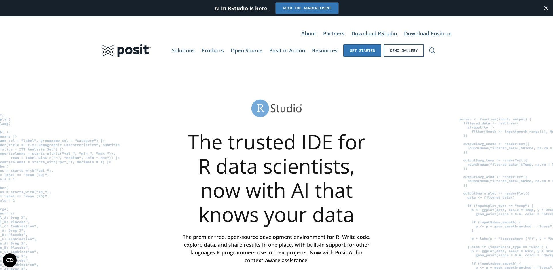 Página do RStudio em posit.co, apresentado como o IDE gratuito e de código aberto para R