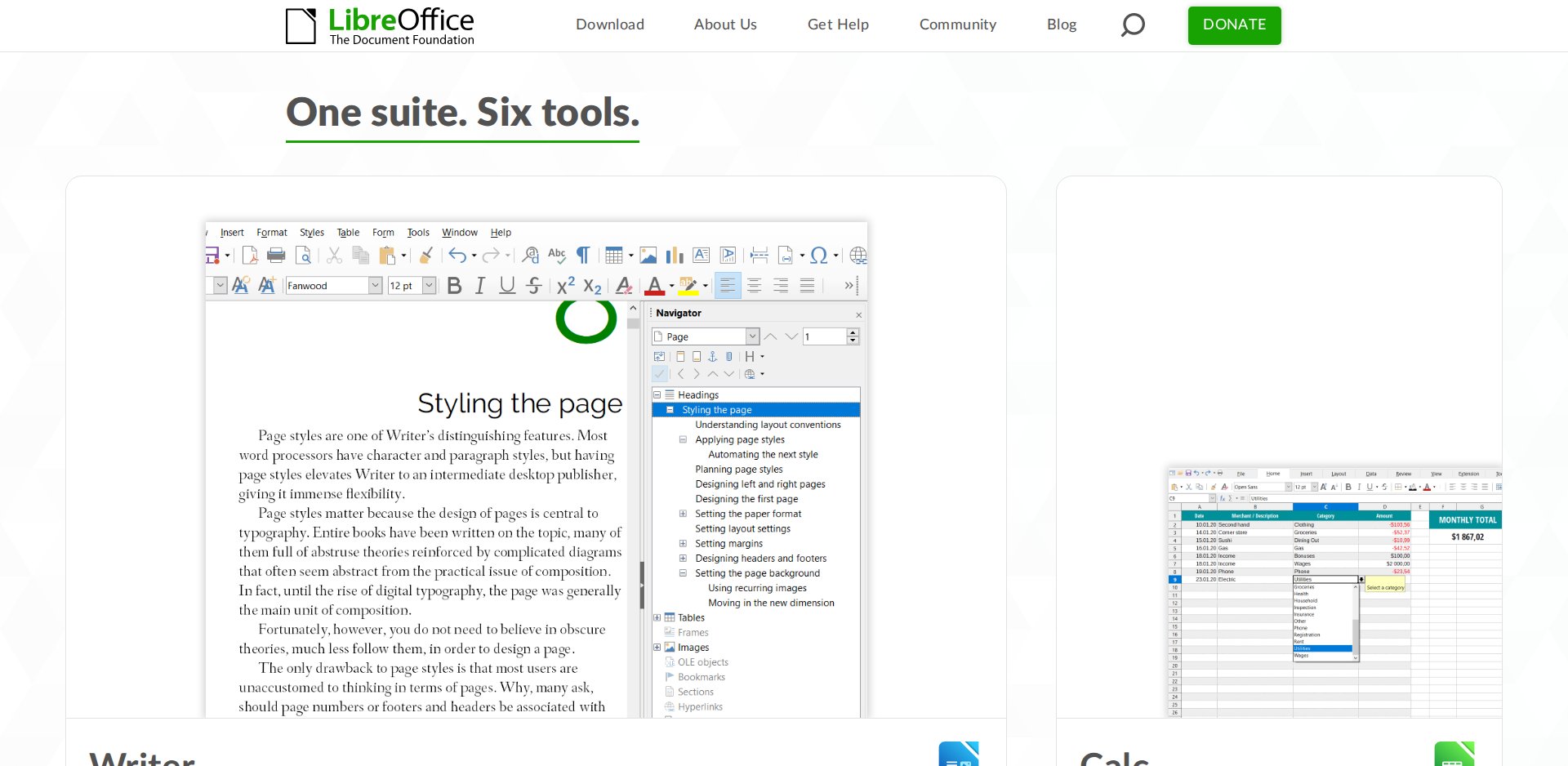 Página do LibreOffice Calc em libreoffice.org, com a descrição da planilha e a versão 26.8 anunciada