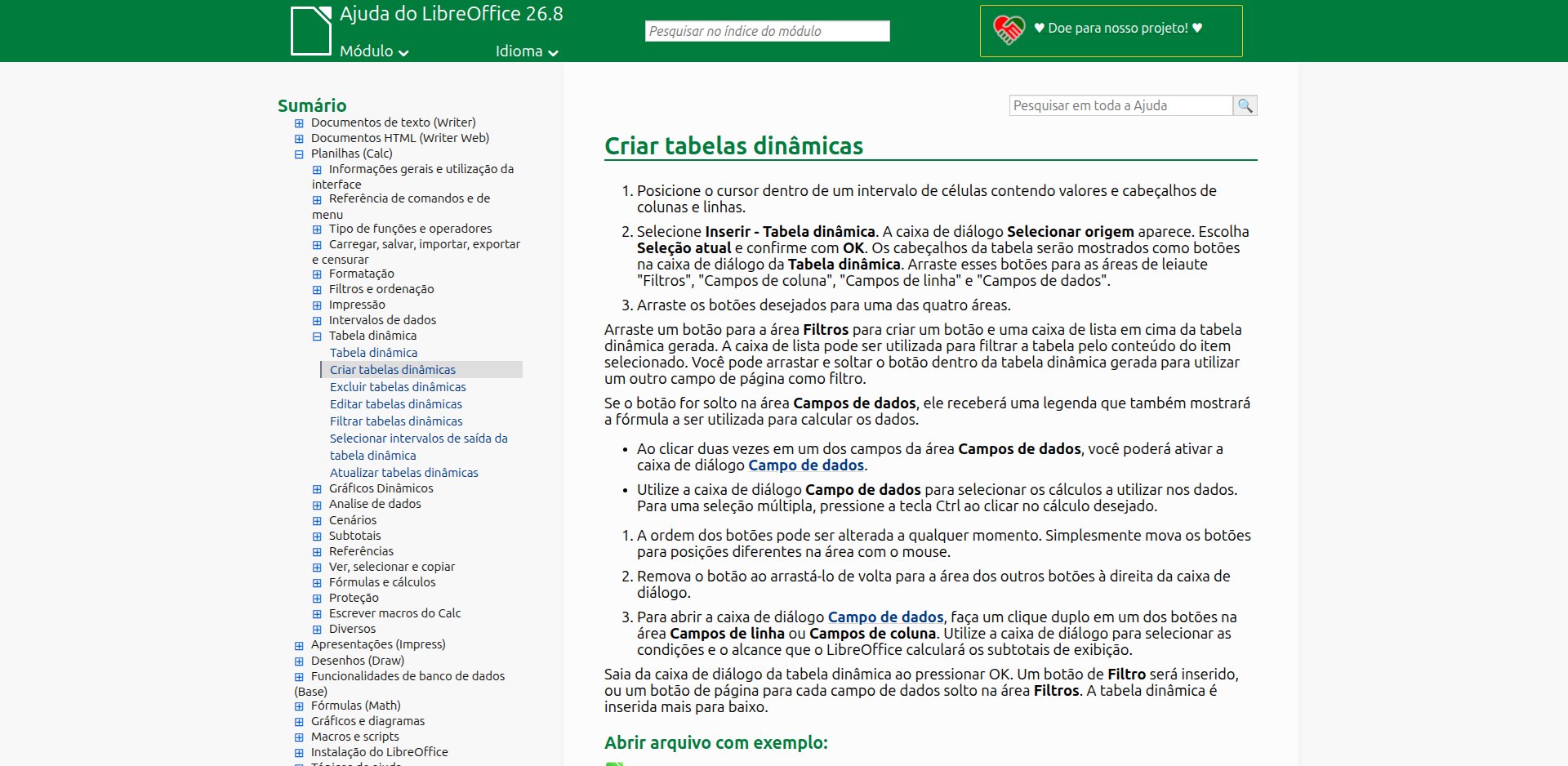 Página da ajuda do LibreOffice Calc em português, Criar tabelas dinâmicas, com os passos do assistente