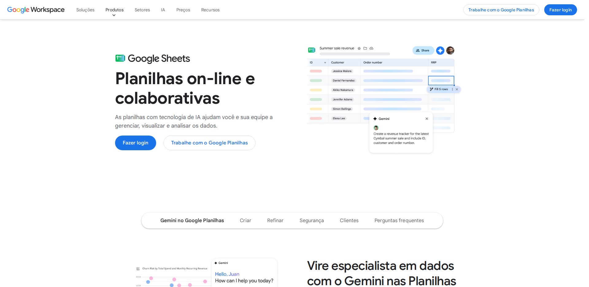 Página do Planilhas Google no Google Workspace, com a chamada de planilhas on-line e colaborativas