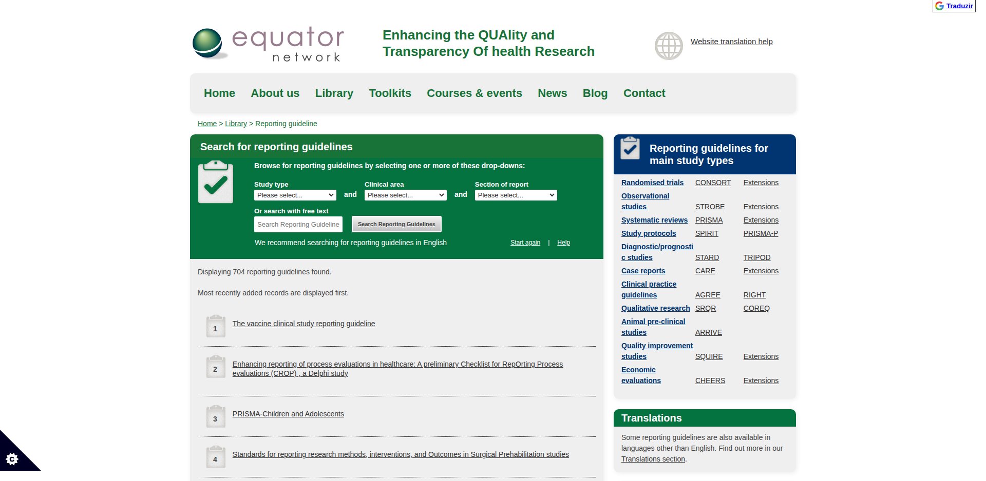 Biblioteca de guias de relato da EQUATOR Network, com CONSORT, STROBE, PRISMA, COREQ, SRQR e SAMPL