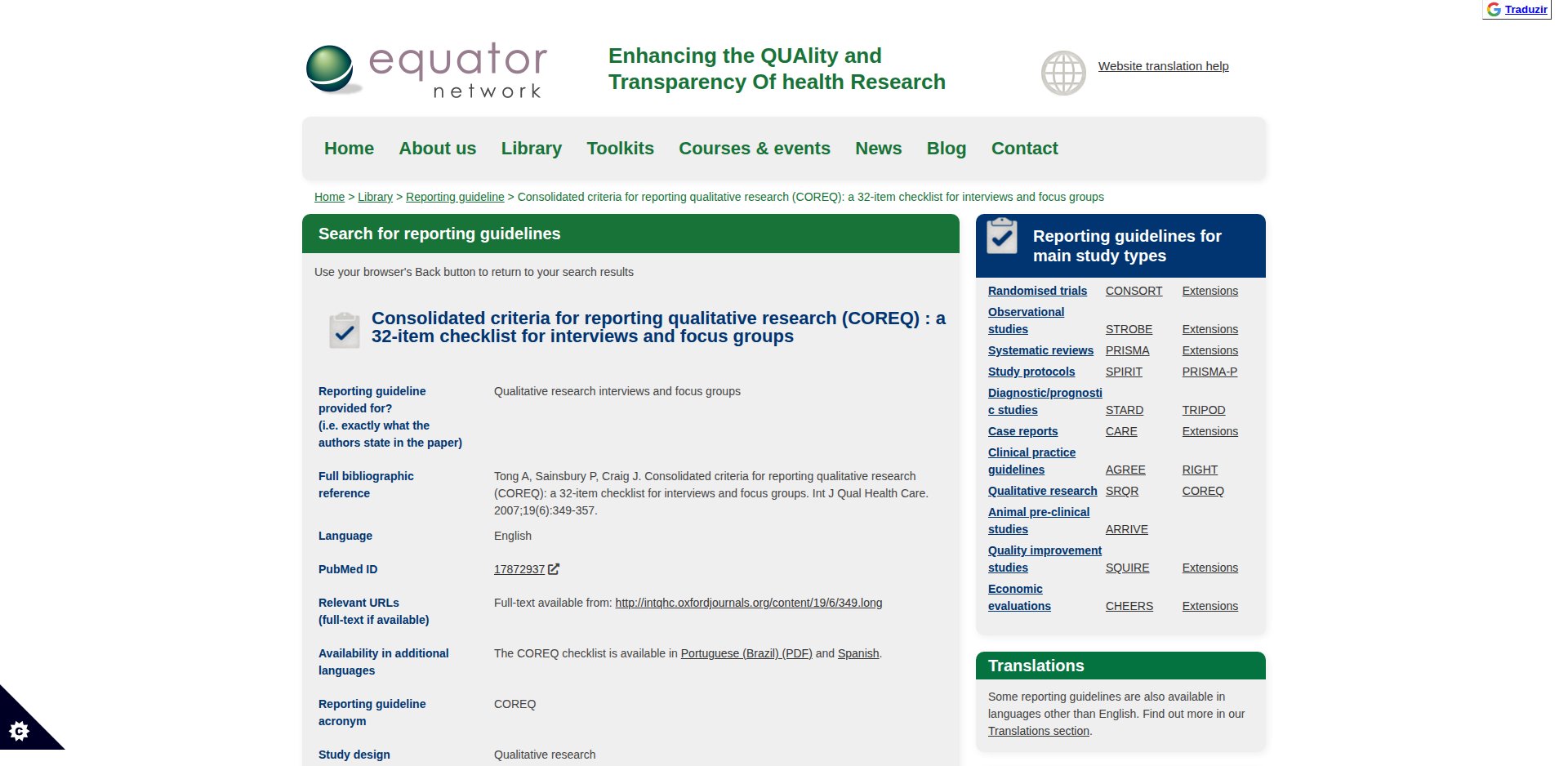 Página do COREQ na EQUATOR Network, checklist de 32 itens para entrevistas e grupos focais