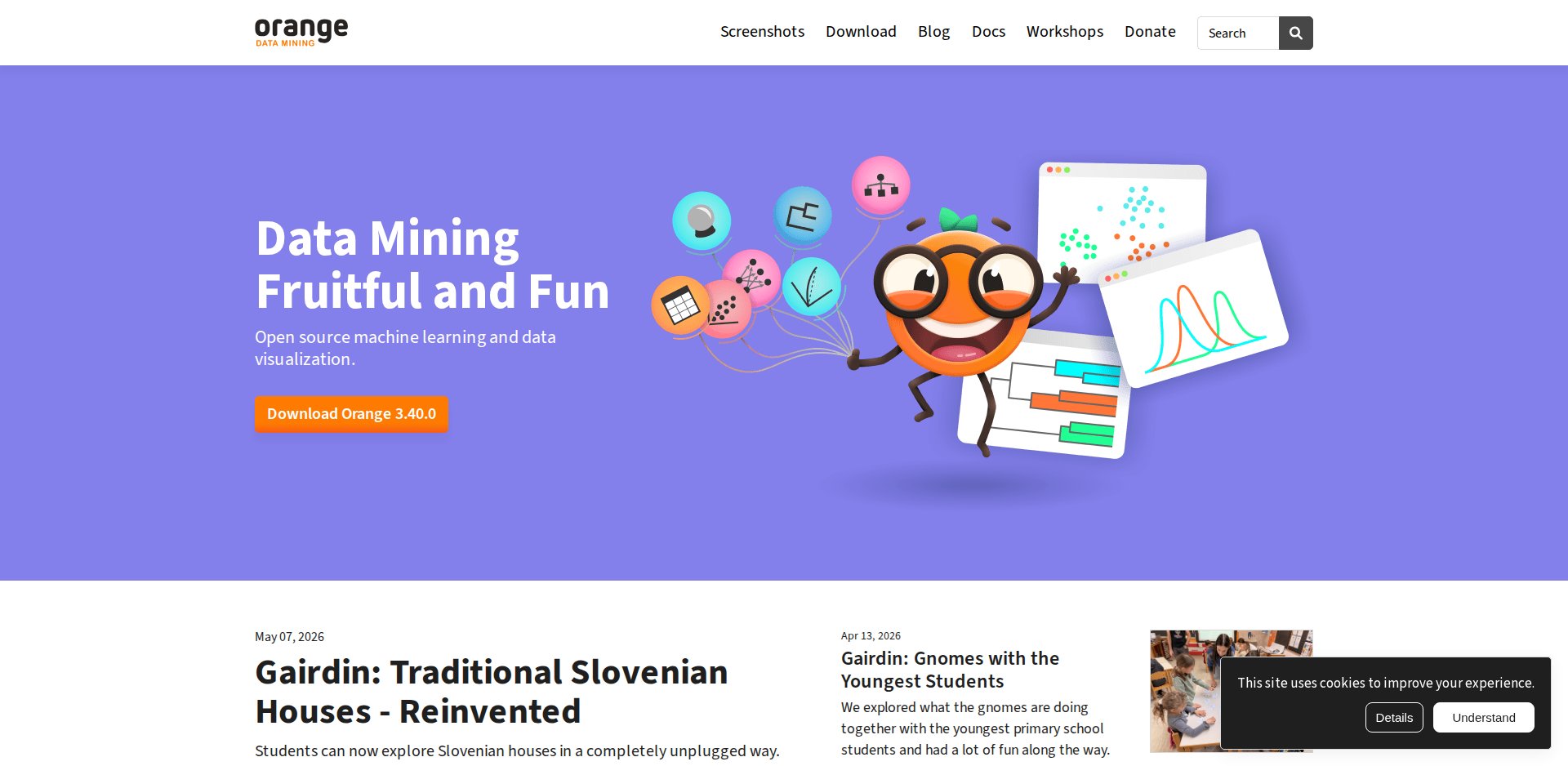 Página inicial do Orange Data Mining, com o slogan Fruitful and Fun