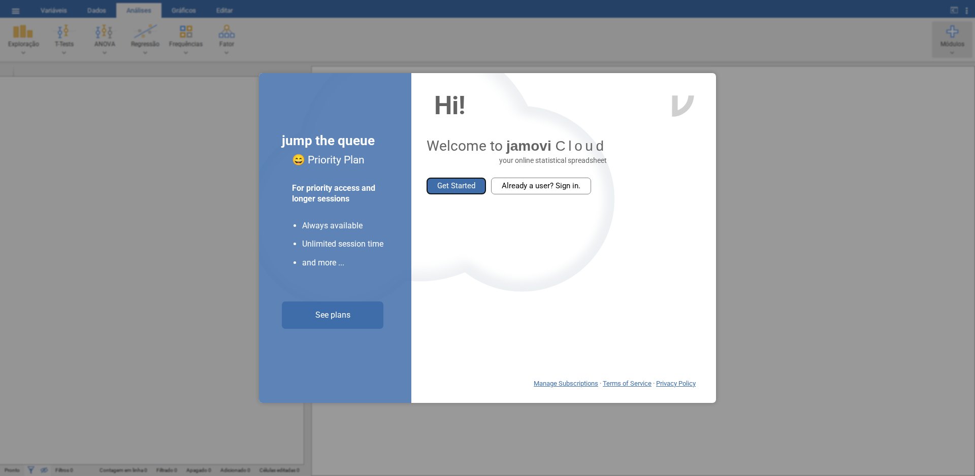 Porta de entrada do jamovi Cloud com Welcome to jamovi Cloud, o botão Get Started e o link Already a user? Sign in