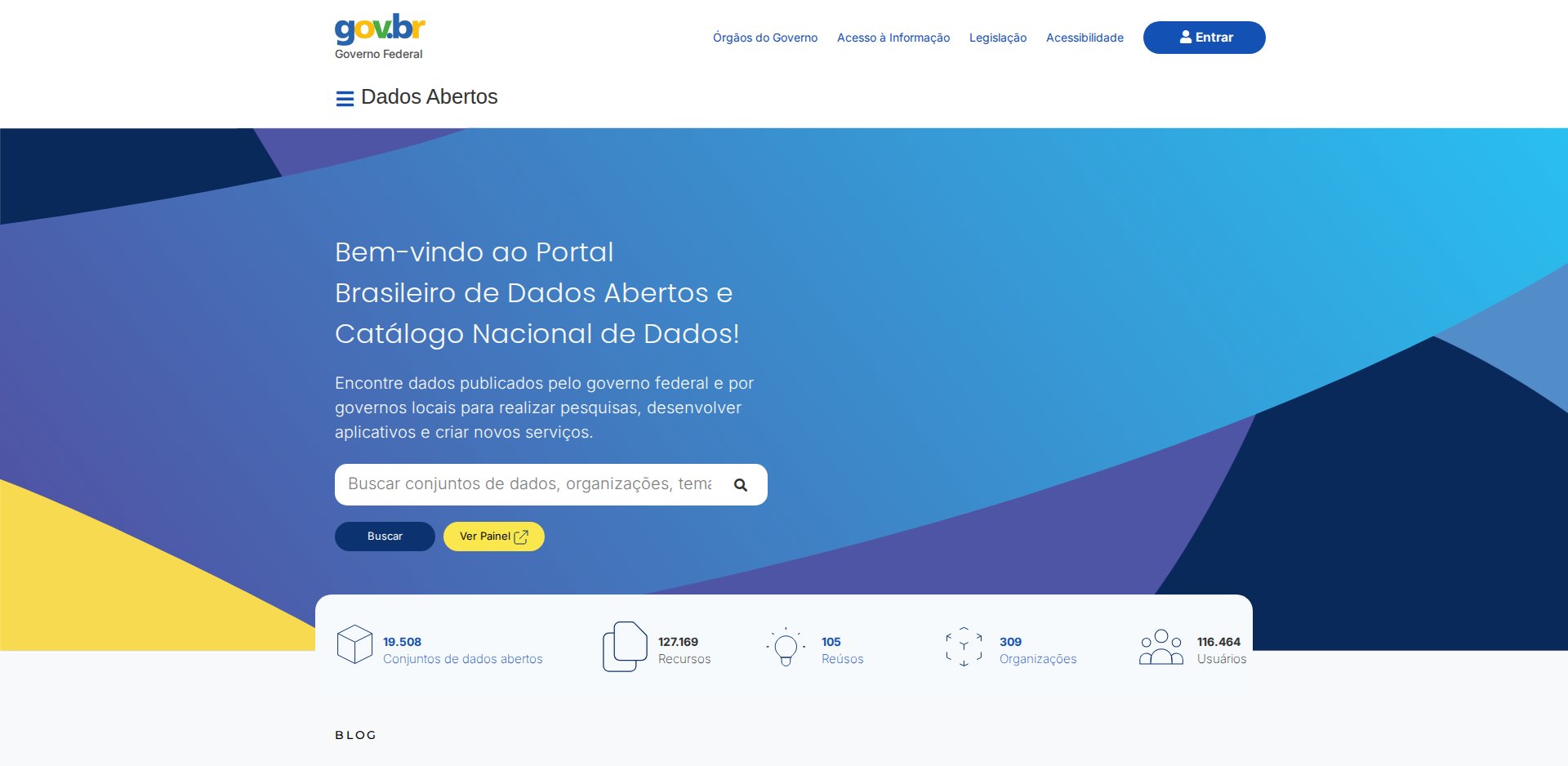 Página inicial do Portal Brasileiro de Dados Abertos, dados.gov.br, com a busca de conjuntos de dados
