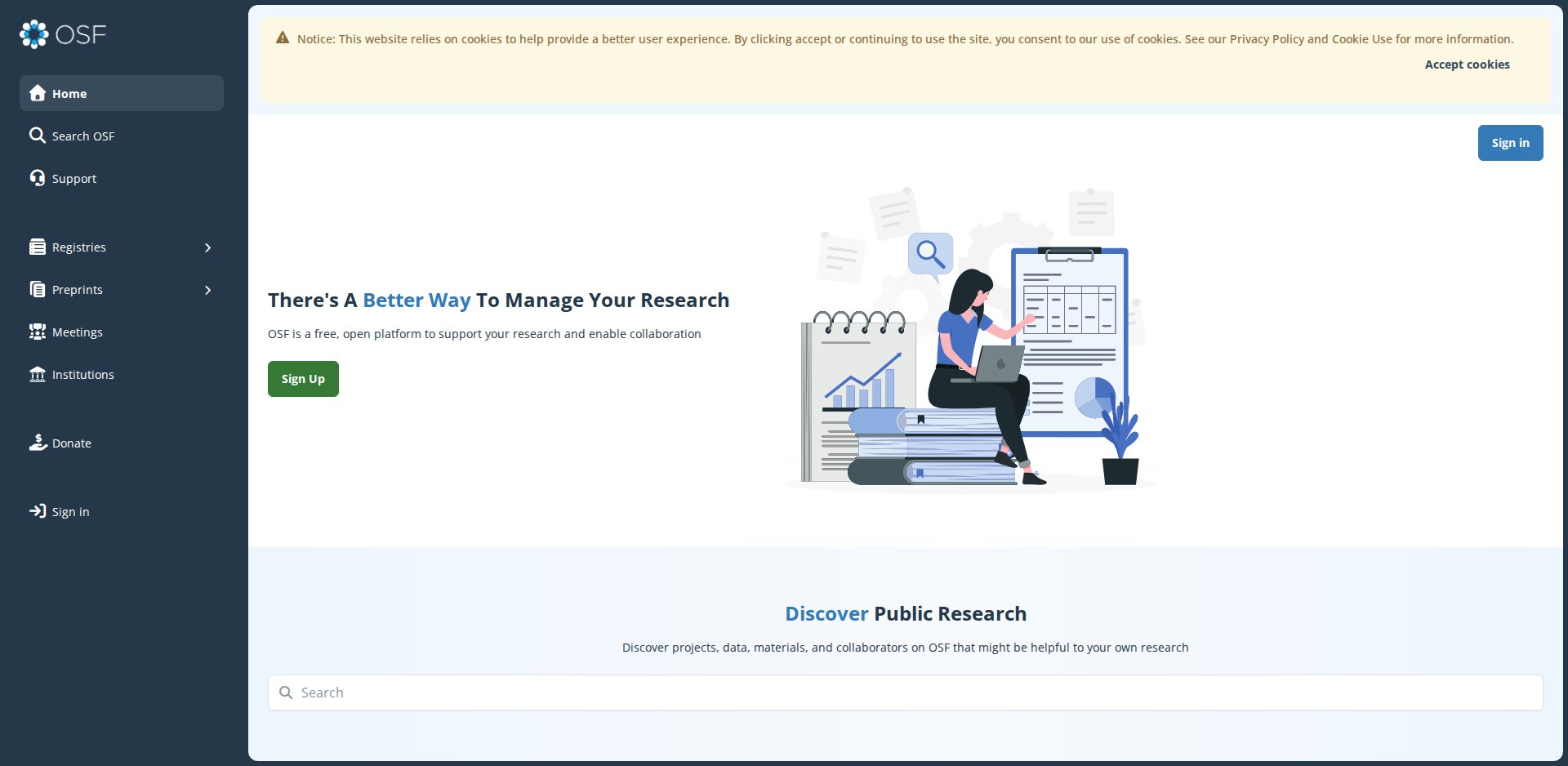 Página inicial do Open Science Framework, osf.io, com a chamada There's a better way to manage your research
