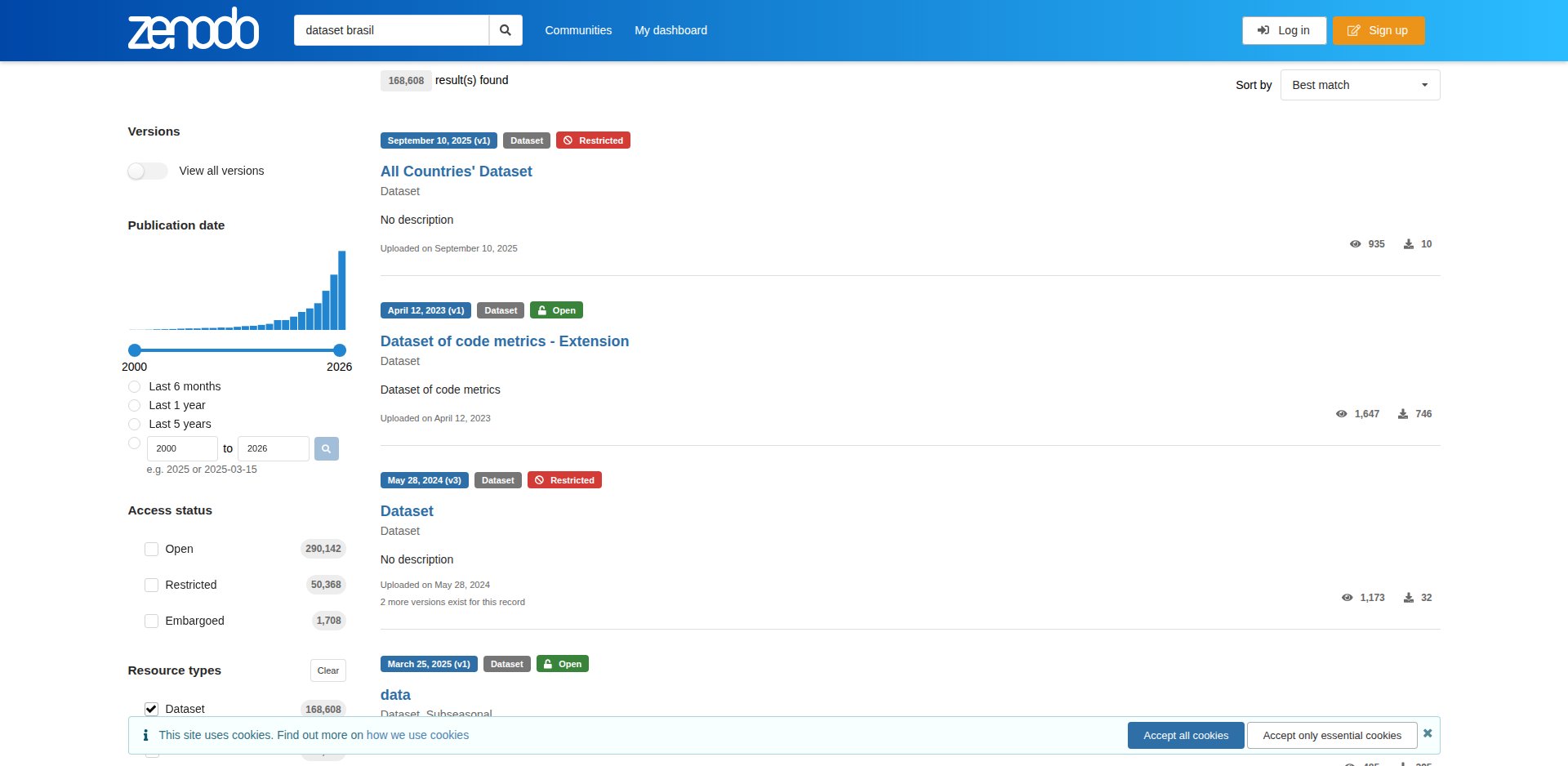 Busca de conjuntos de dados no Zenodo, com filtros por tipo de registro