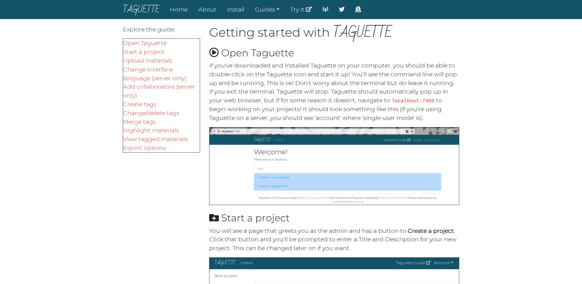 Documentação Getting started with Taguette, com os primeiros passos de criar projeto, adicionar documento e destacar