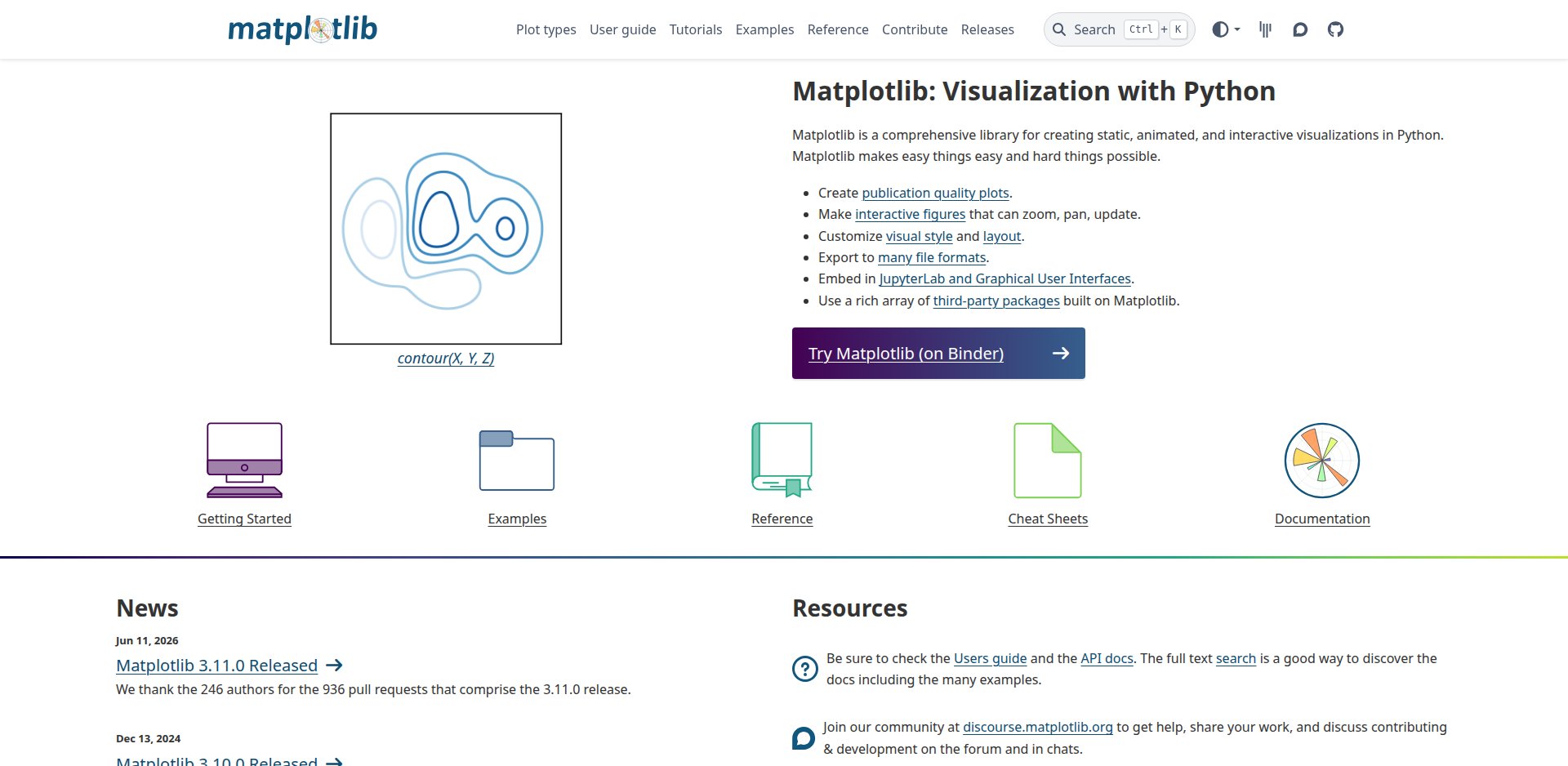 Página inicial do Matplotlib, matplotlib.org, com a descrição da biblioteca de visualização