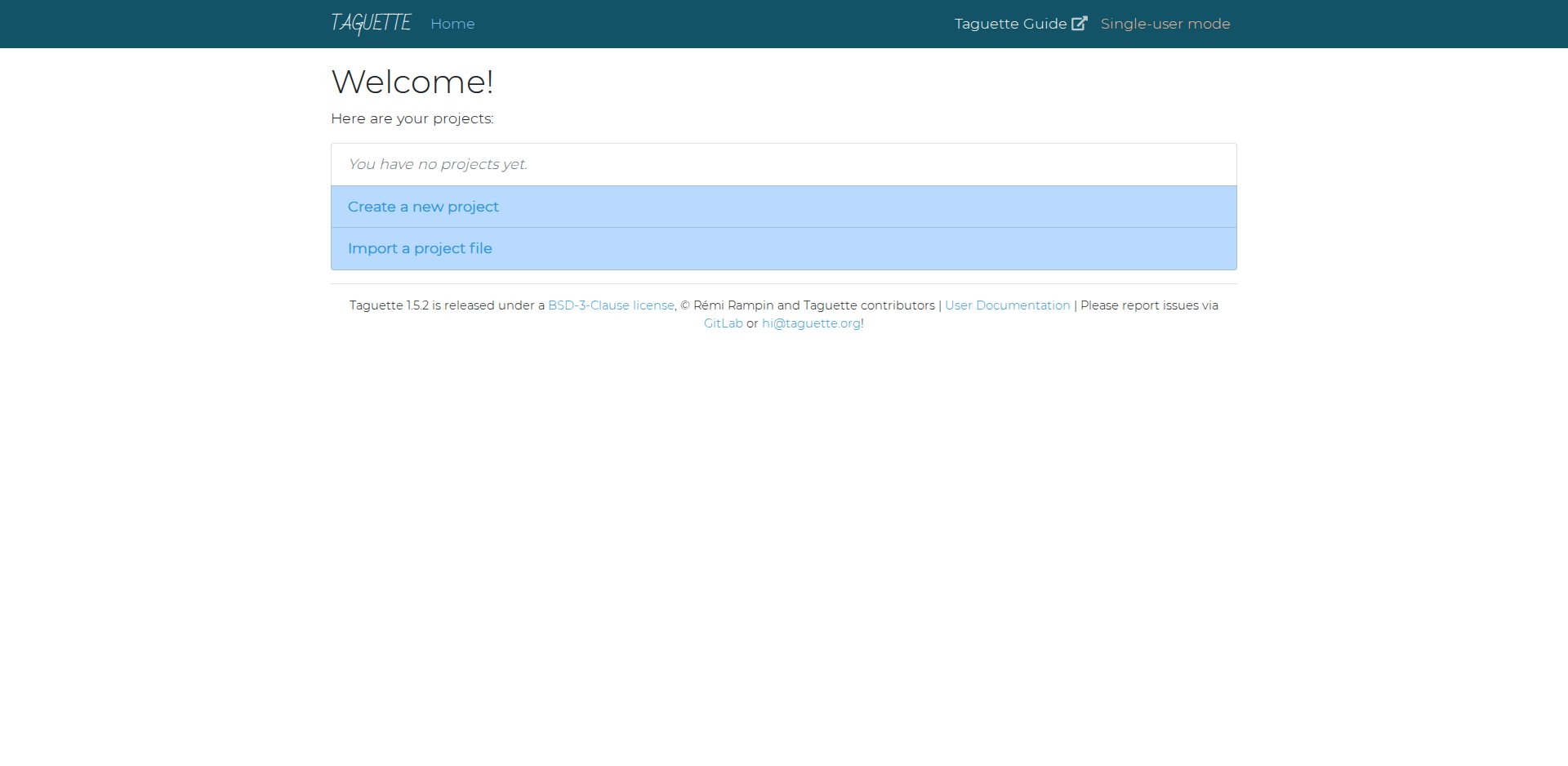 Tela inicial do Taguette local com Welcome! Here are your projects e os botões Create a new project e Import a project file
